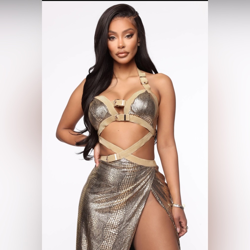 Fashion Nova Gold Metallic Cutout High-Low Dress